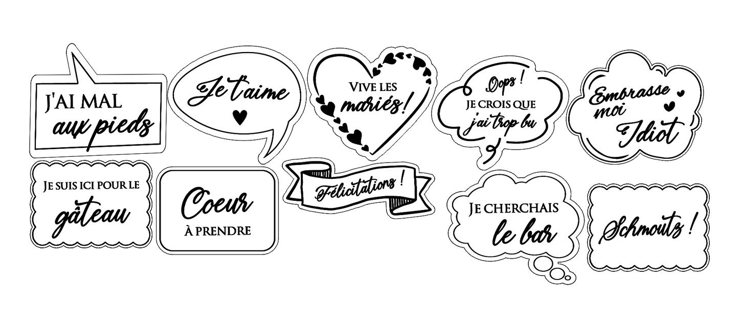 Lot de 10 pancartes en bois gravé pour photobooth