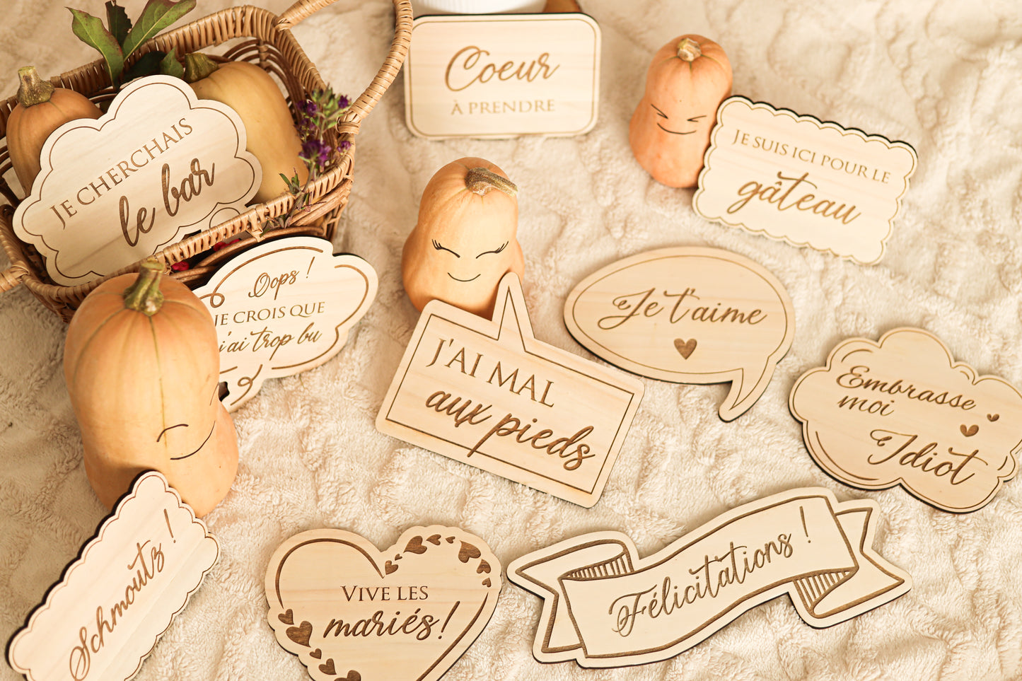 Lot de 10 pancartes en bois gravées pour photobooth