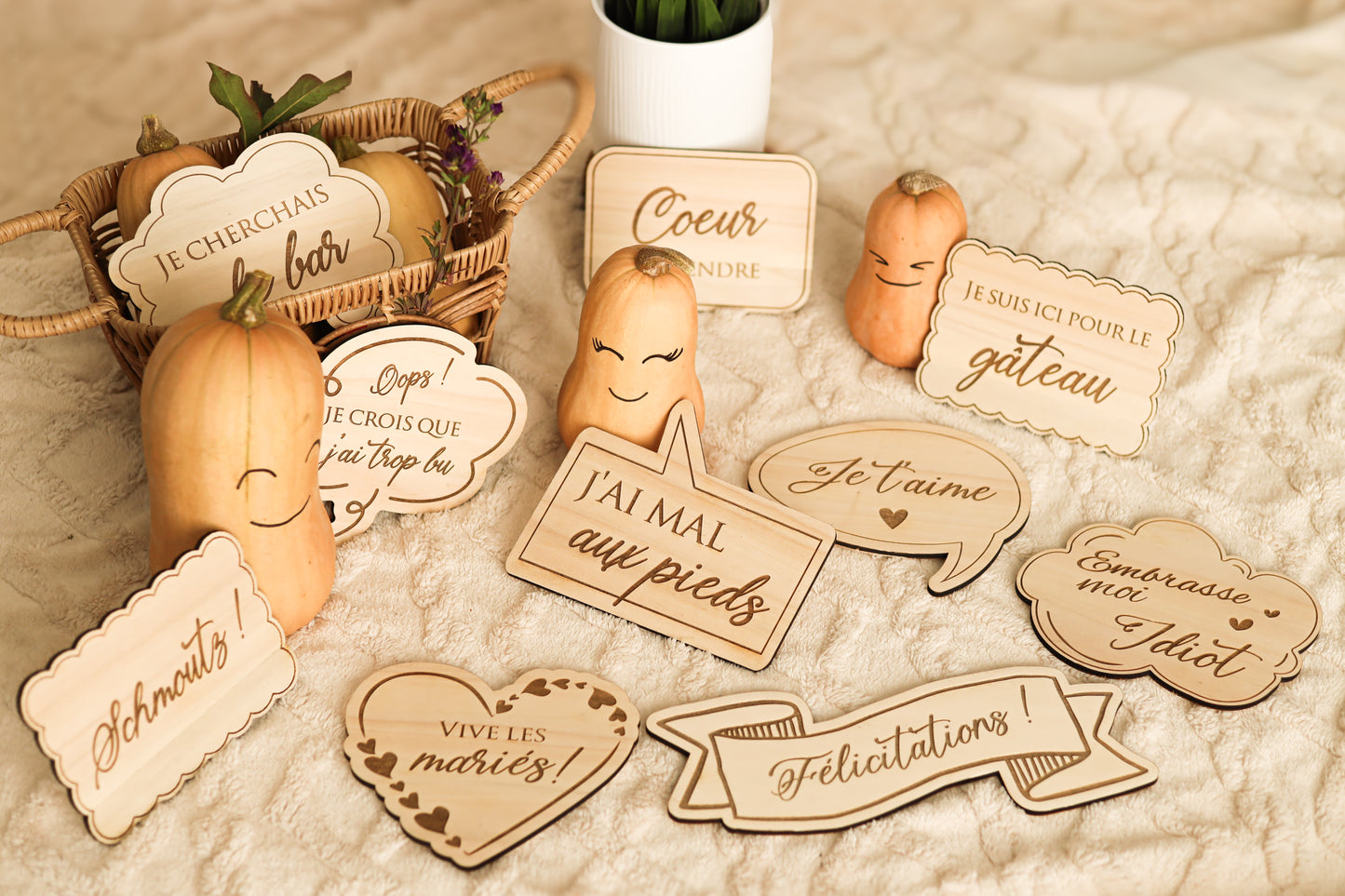 Lot de 10 pancartes en bois gravées pour photobooth