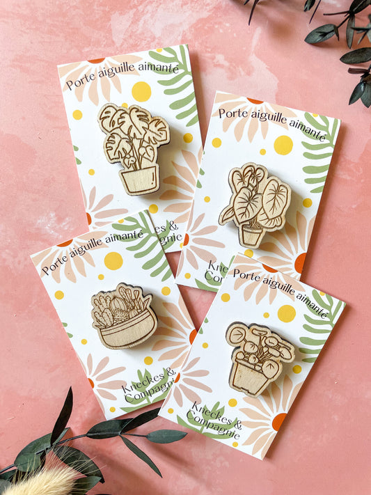 Lot de 4 porte-aiguilles aimantés en bois – Fait main – Aimant puissant – Accessoire broderie - Collection Plantes